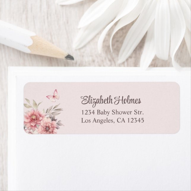Étiquette Adresse du Baby shower Papillon rose et Fleurs (En situation)