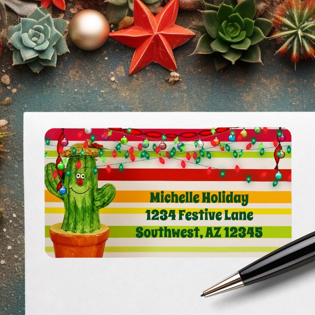 Étiquette Adresse du sud-ouest de Noël de cactus mignon de (Cute Holiday Cactus Southwestern Christmas Address Label)