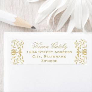 Étiquette Adresse élégante blanche et or en damas vintage
