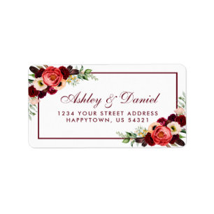 Étiquette Adresse florale de mariage de Bourgogne Boho