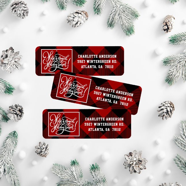 Étiquette Adresse Plaid Red Buffalo de Noël moderne (Créateur téléchargé)