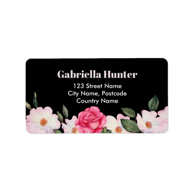 Étiquette Adresse Rose blanc Roses Ballerina Floral Noir (Devant)