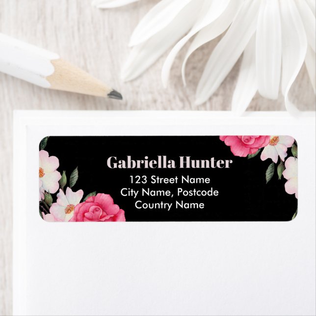 Étiquette Adresse Rose blanc Roses Ballerina Floral Noir (En situation)