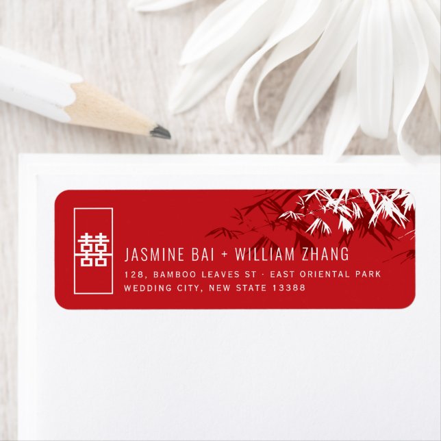 Étiquette Adresses de Mariage Feuille Asiatique en bambou ro (En situation)