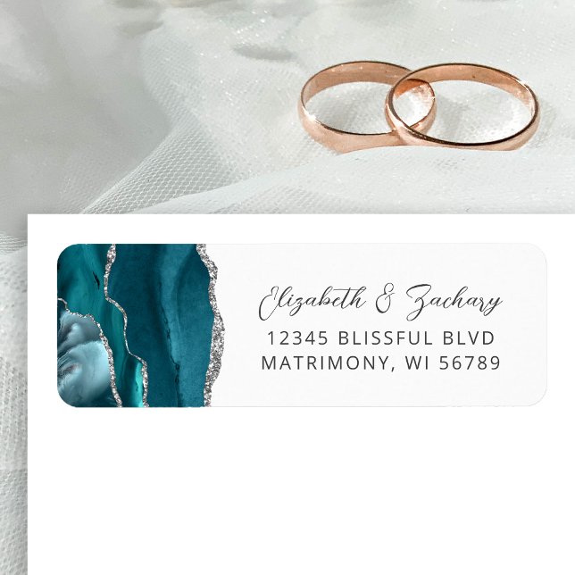 Étiquette Agate Turquoise Blue Silver Mariage Adresse de ret (Créateur téléchargé)