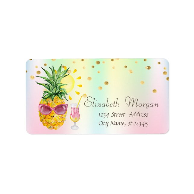 Étiquette Ananas, Soleil, Cocktail Holographique Iridescente (Devant)