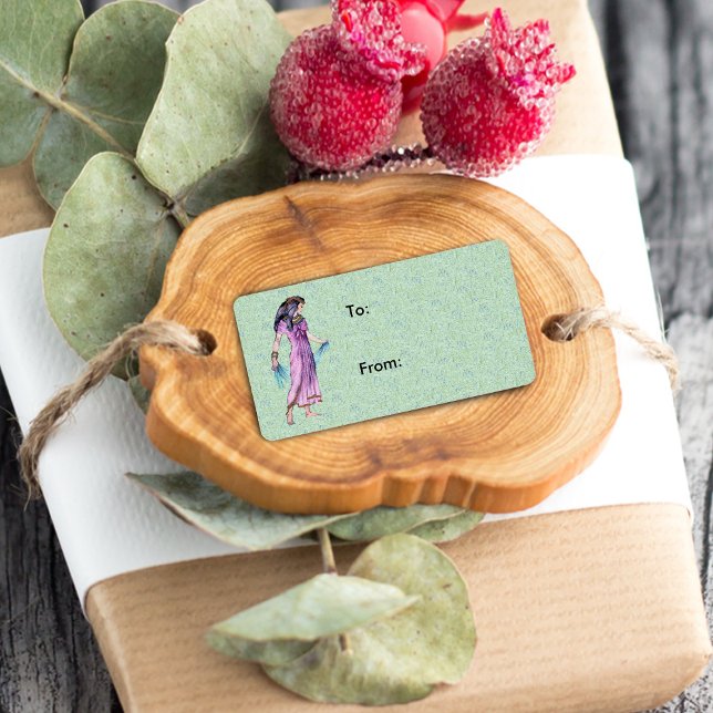 Étiquette Ancienne jolie dame égyptienne princesse en violet (Ancient Egyptian lady purple dress on mottled green gift tag  / label.)