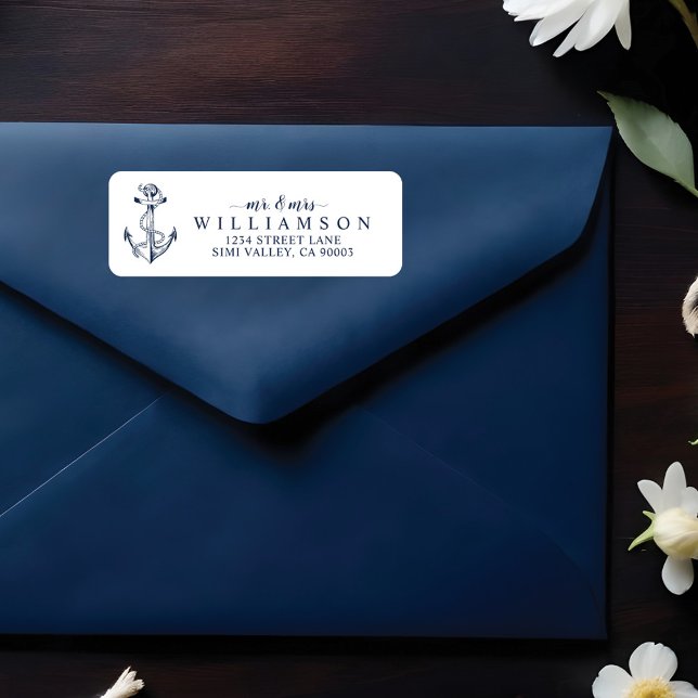 Étiquette Ancre nautique et corde Marine M & Mme (Nautical Boat Anchor & Rope Navy Mr & Mrs Label)