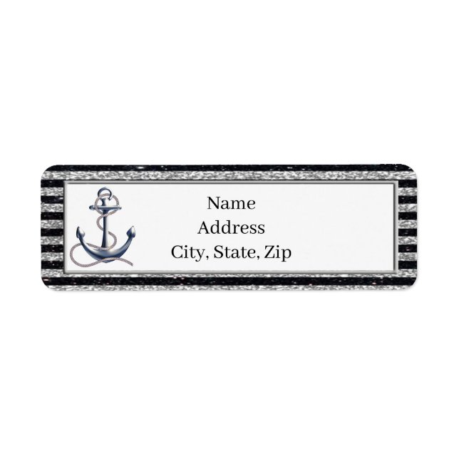 Étiquette Ancre nautique Silver Black Stripes Adresse (Devant)