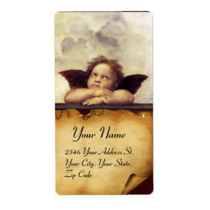 Étiquette ANGE / Chérubin ailé,,parchemin marron,blanc