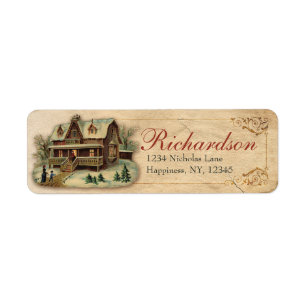 Étiquette Antique Maison d'hiver victorienne scène de Noël