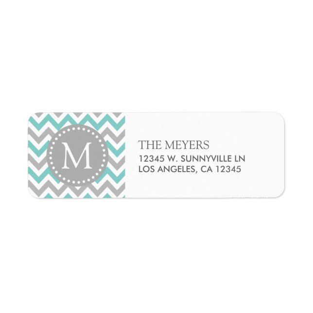 Étiquette Aqua Blue et Grey Modern Chevron avec Monogram (Devant)