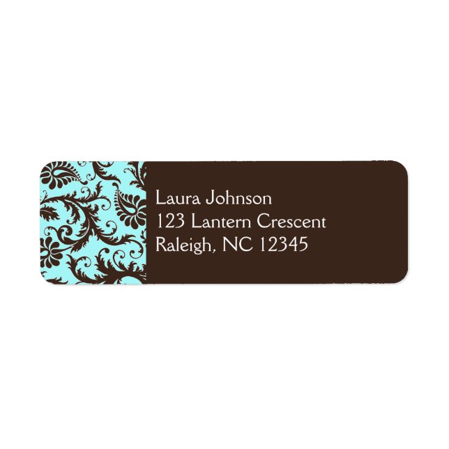 Étiquette Aqua, Brown, White Damask Adresse de retour (Devant)