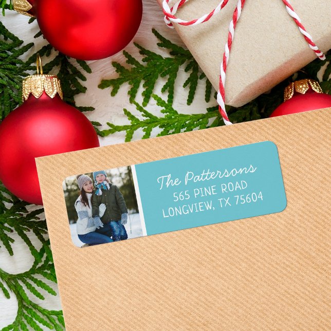 Étiquette Aqua Custom Photo Holiday Adresse de retour (Créateur téléchargé)
