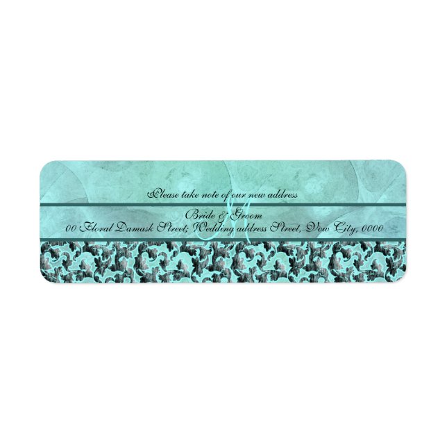 Étiquette Aqua gris "nouvelle adresse" mariage damas floral (Devant)