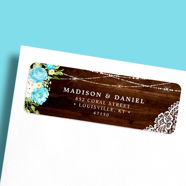 Étiquette Aqua Mint Rustic Wood String éclaire l'adresse flo (Créateur téléchargé)