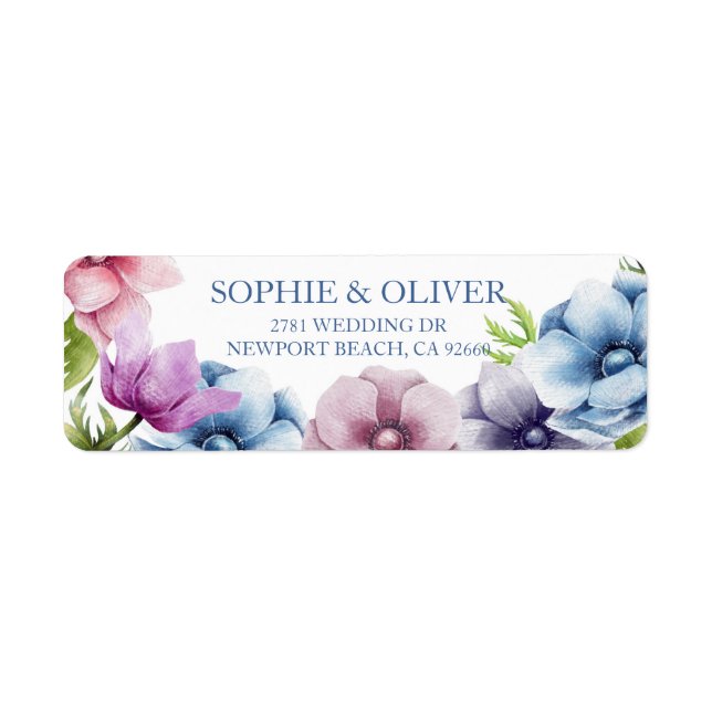 Étiquette Aquarelle Anémone Fleur Mariage Adresse de retour (Devant)