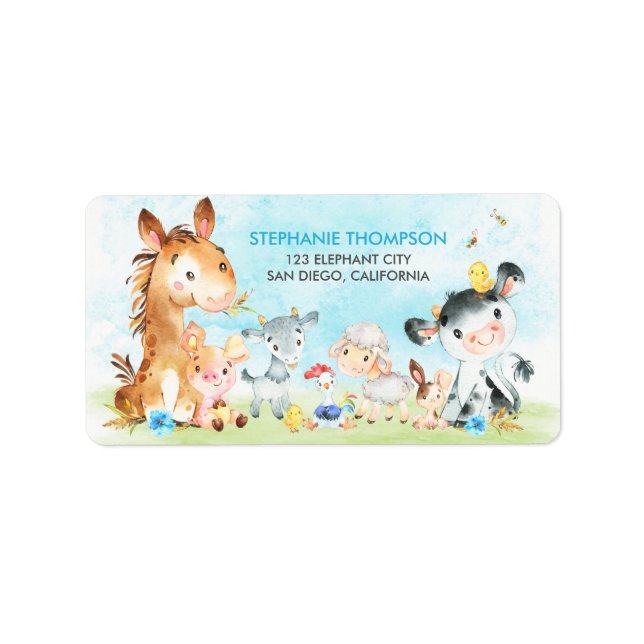 Étiquette Aquarelle Animaux de ferme garçon (Devant)