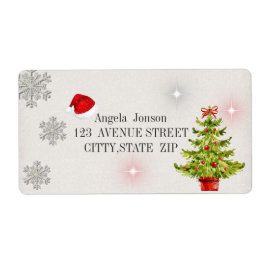 Étiquette Aquarelle arbre de Noël, chapeau de Santa, Parties