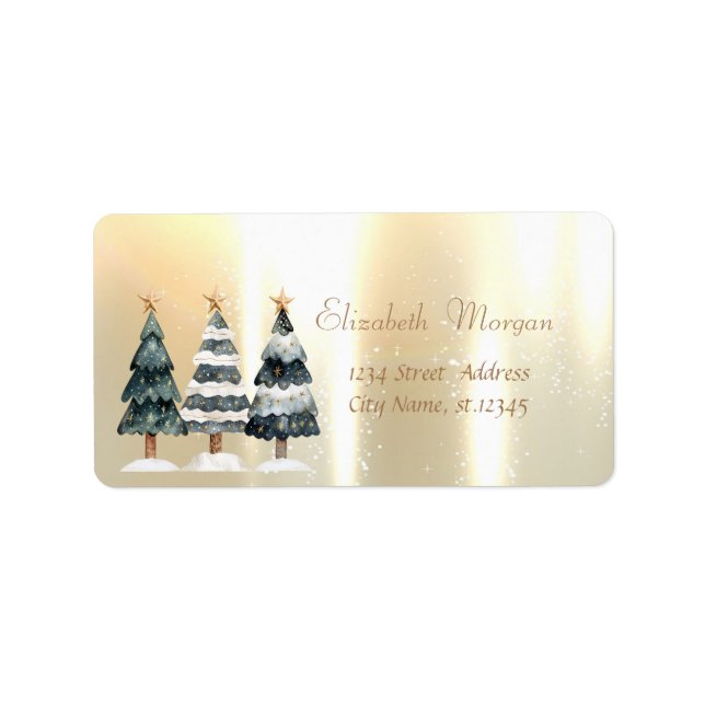 Étiquette Aquarelle Arbres de Noël Elégant Or (Devant)