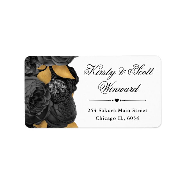 Étiquette Aquarelle Black et Gold Flowers Adresse (Devant)