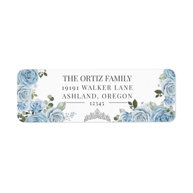 Étiquette Aquarelle bleu clair Roses & Tiara Adresse de reto (Devant)