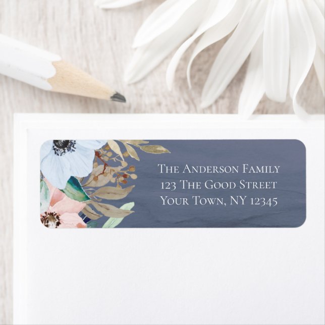 Étiquette Aquarelle bleu Dusty Rose Floral (En situation)