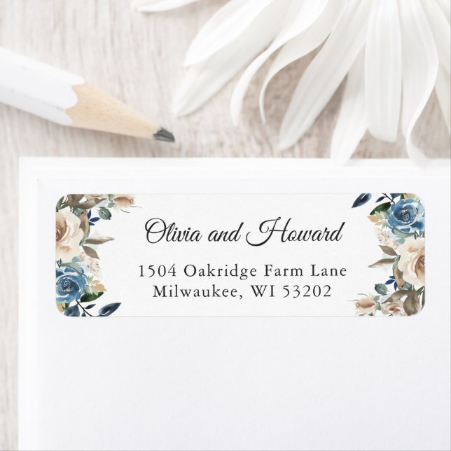 Étiquette Aquarelle bleu foncé Beige Rustique Boho Floral (En situation)