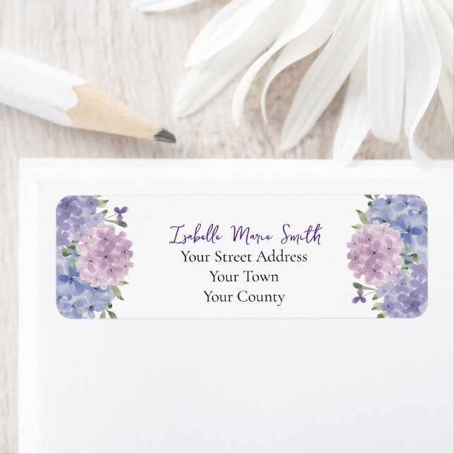 Étiquette Aquarelle bleu & Lilac Hydrangea Flowers Mariage (En situation)