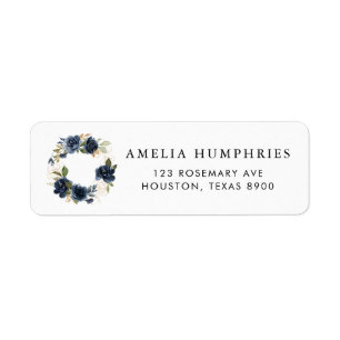 Étiquette Aquarelle bleu marine Floral Wreath Gold Adresse