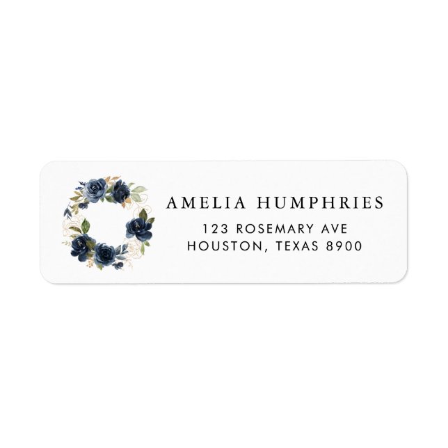 Étiquette Aquarelle bleu marine Floral Wreath Gold Adresse (Devant)
