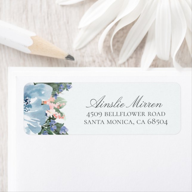 Étiquette Aquarelle bleue Floral Retourner l'adresse Étiquet (En situation)