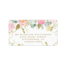 Étiquette Aquarelle Blush & Gold Floral Adresse de retour