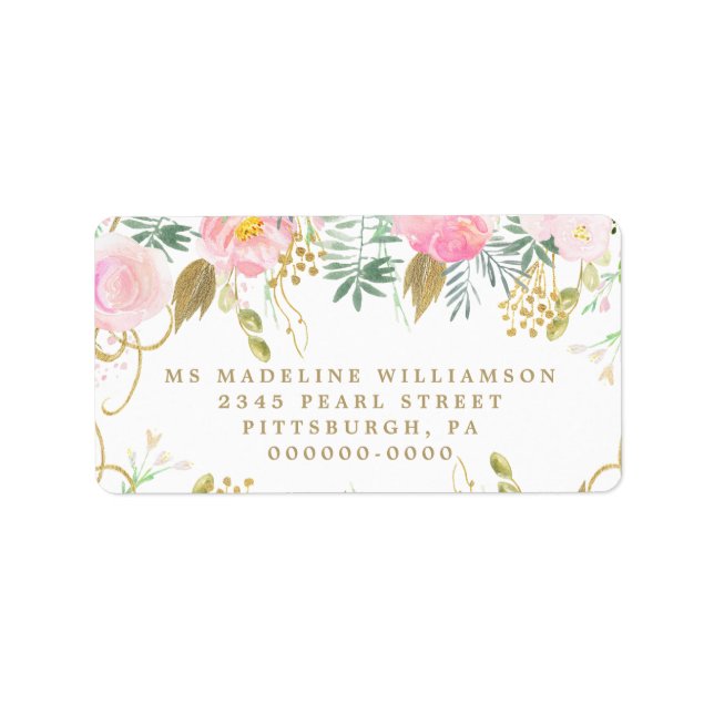 Étiquette Aquarelle Blush & Gold Floral Adresse de retour (Devant)
