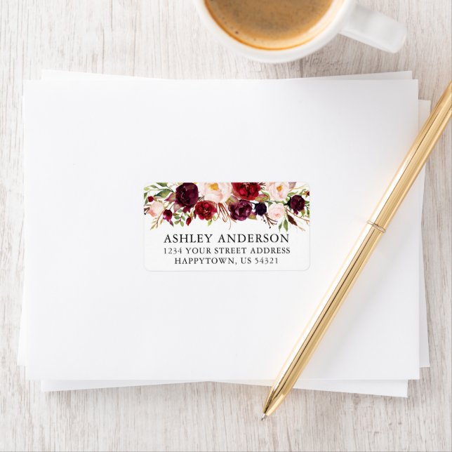 Étiquette Aquarelle Bourgogne Florale Adresse du Mariage (En situation)