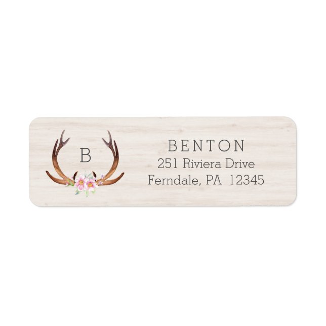 Étiquette Aquarelle Cerf Antler avec Bouquet Floral (Devant)