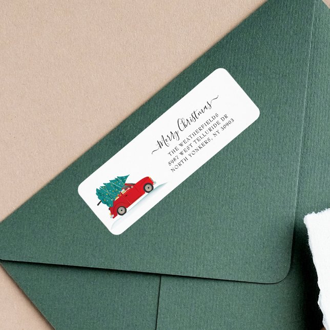Étiquette Aquarelle Christmas Moving Return Adresse (Christmas Red Car Tree Return Address Label)