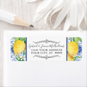 Étiquette Aquarelle Citron vert Floral Wreath Bleu Blanc