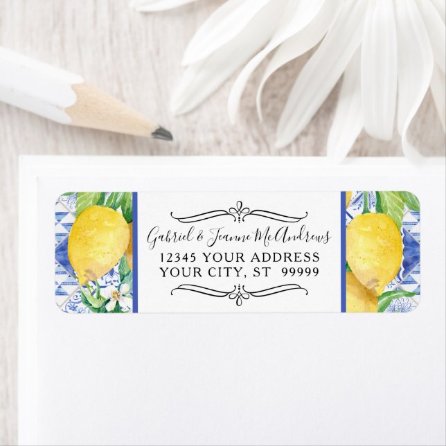 Étiquette Aquarelle Citron vert Floral Wreath Bleu Blanc (En situation)