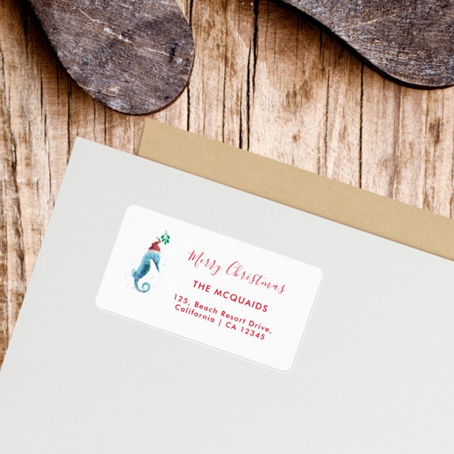 Étiquette Aquarelle côtière Sea Horse Noël (Watercolor Sea Horse Return Address Label)