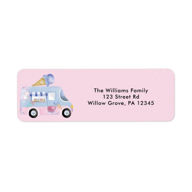 Étiquette Aquarelle Crème glacée Camion rose Adresse de reto (Devant)