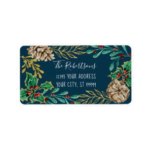 Étiquette Aquarelle de Noël de la Marine Vert du cône de pin
