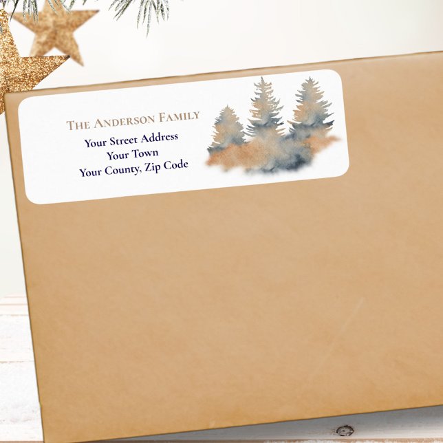 Étiquette Aquarelle de Noël Forêt d'hiver Fir Arbres Nom (Créateur téléchargé)