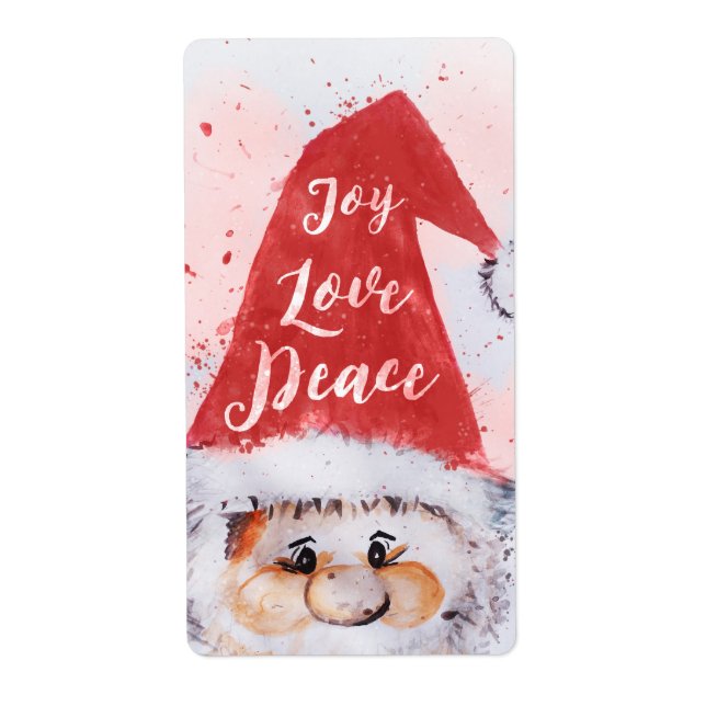 Étiquette Aquarelle de Noël Père Noël "Joy Love Peace" (Devant)