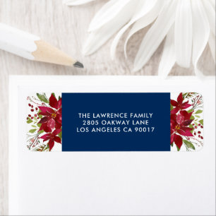 Étiquette Aquarelle de Noël Poinsettia Marine Adresse bleue