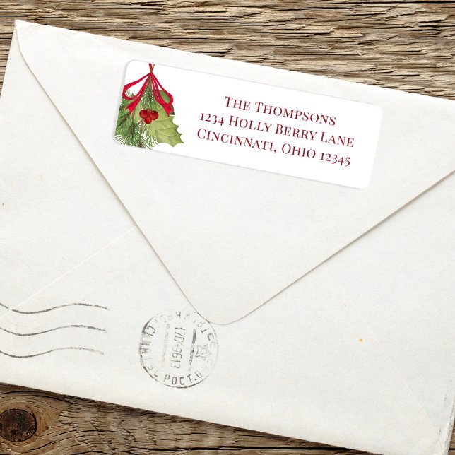 Étiquette Aquarelle de Noël Rouge Holly Berry Vert (Watercolor greenery and red holly berries botanical return address label. )