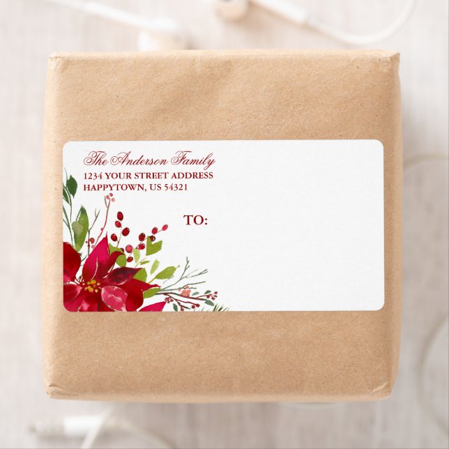 Étiquette Aquarelle de vacances Floral Poinsettia Red Mailin (En situation)