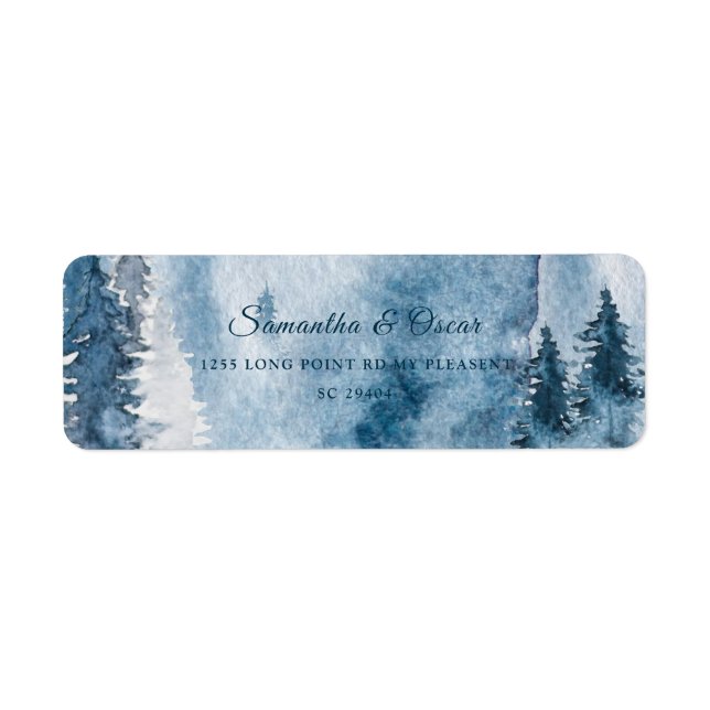 Étiquette Aquarelle d'hiver Forêt & Marine Bleu & Blanc Étiq (Devant)