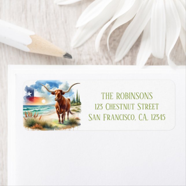 Étiquette Aquarelle estivale Texas Long Horn (En situation)