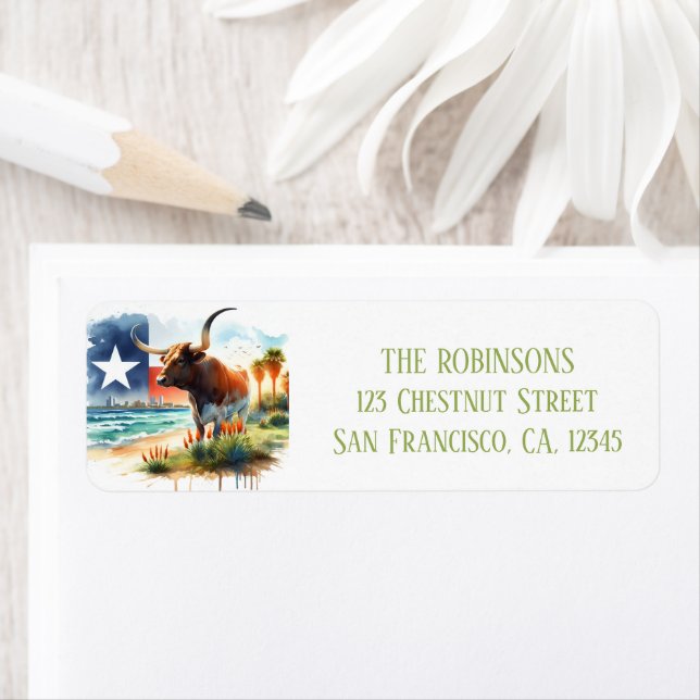 Étiquette Aquarelle estivale Texas Long Horn (En situation)